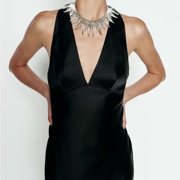 NWT Zara V-Neck Satin Effect Open Back Midi Dress - Picture 2 of 7